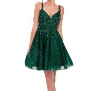 NWT Ladivine 9245 Glitter Print Tulle Cocktail Dress Emerald Size XS